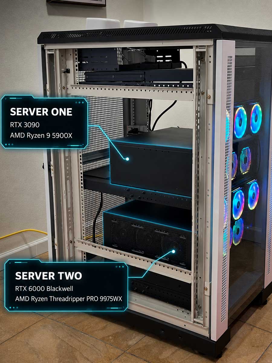 Rack server workspace with GPU systems for local AI infrastructure