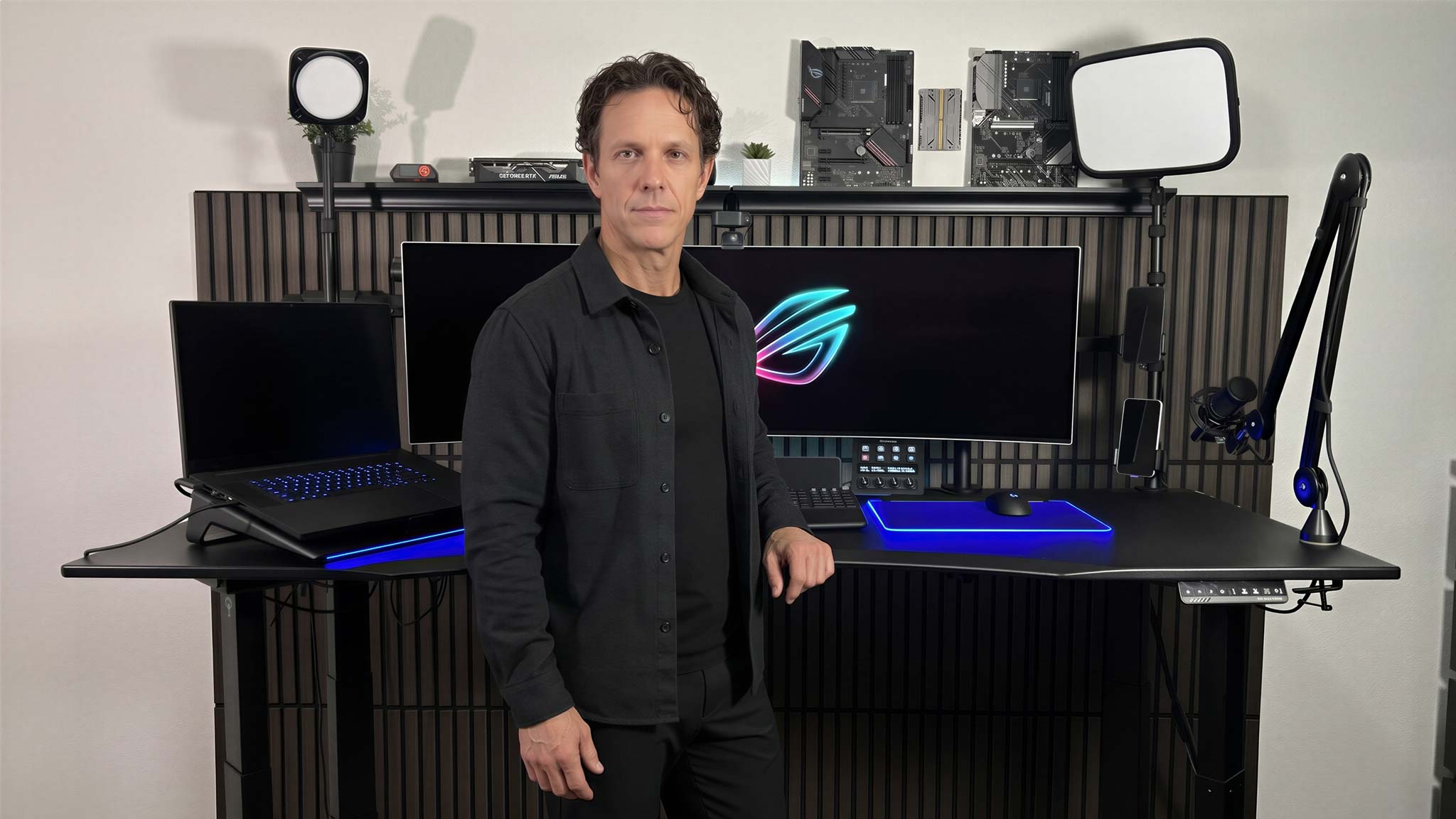 AI-generated editorial image of Trent Doney operating his real standing workstation