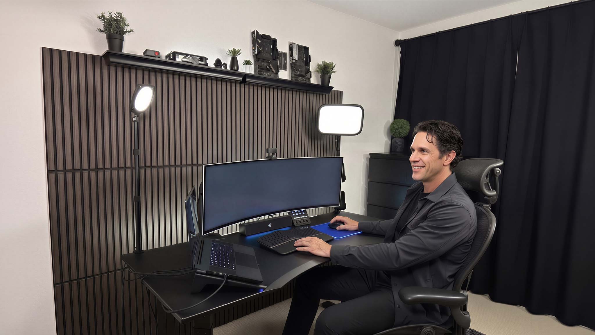 AI-generated editorial image of Trent Doney operating an applied-AI workstation